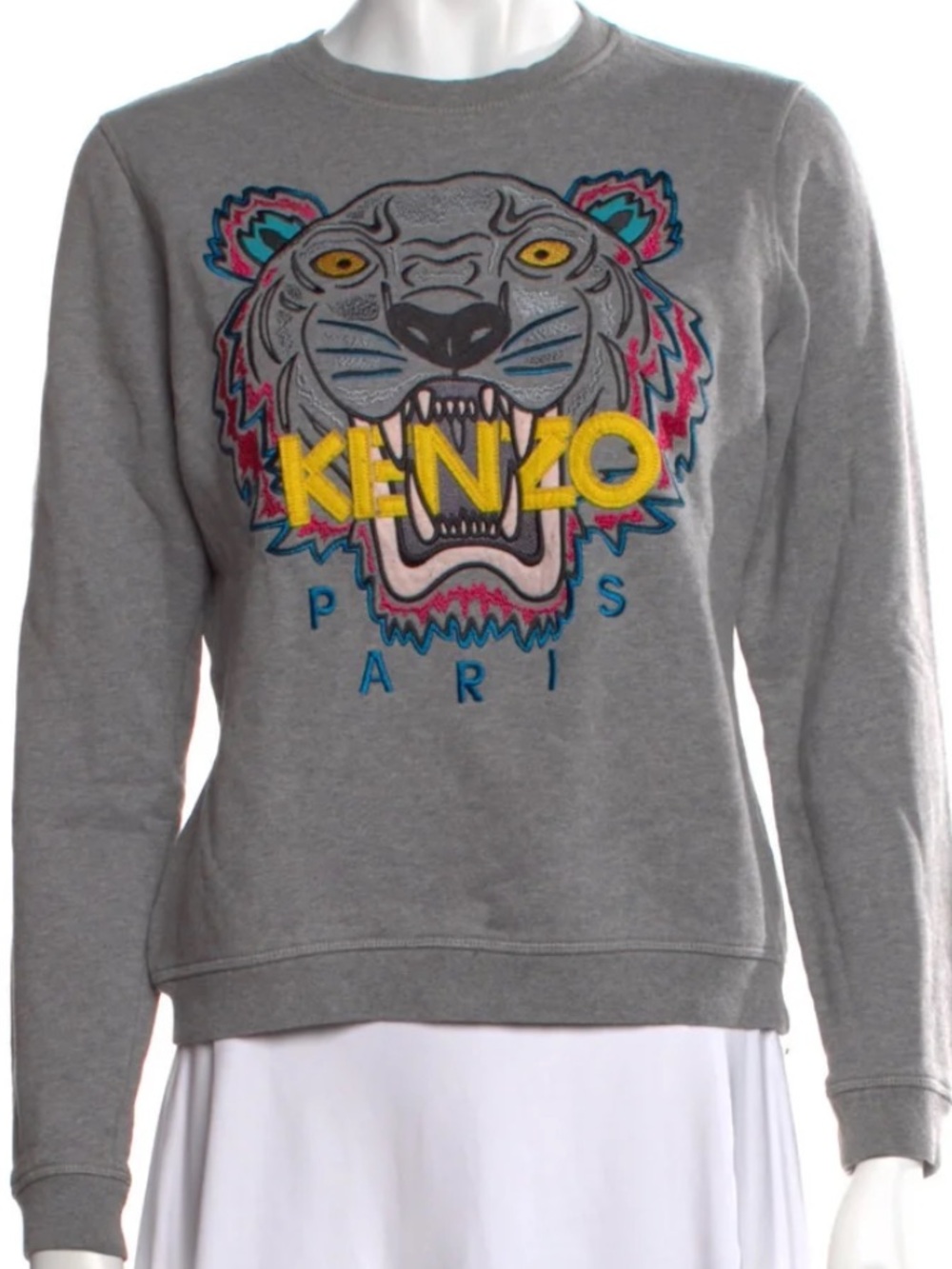 Kenzo Kids Gray Crewneck Sweatshirt with Multicolor Tiger Embroidery